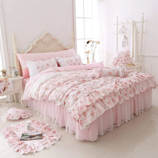 LELVA Romantic Roses Print Duvet Cover Set with Bed Skirt Pink Lace Ruffle Floral