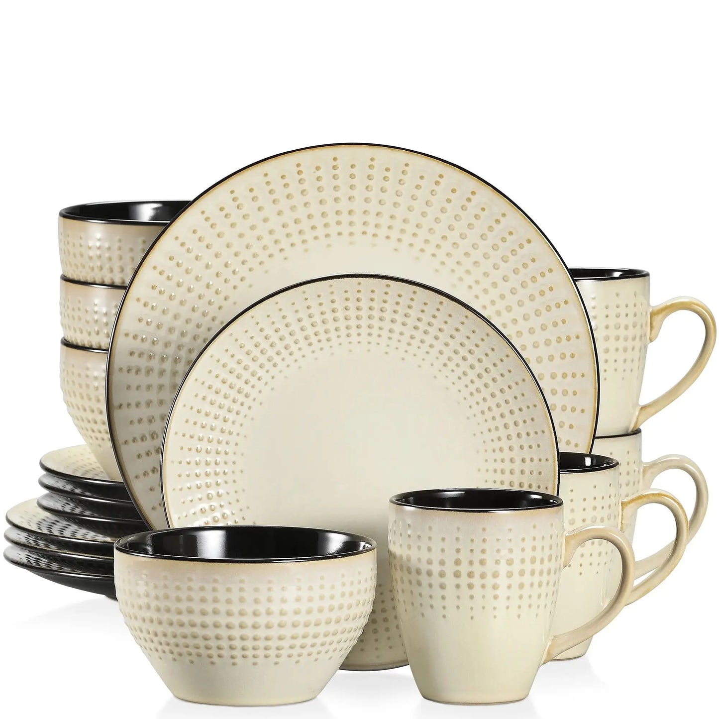 VANCASSO GUTO 16/32/48 Piece Beige Embossed Stoneware Tableware Set with Dinner/Dessert Plate/Soup