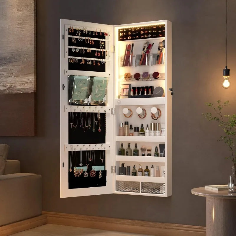 Hanging/Over the Door Mirror Jewelry Cabinet with LED Lights, Lockable Jewelry Armoire Organizer, Mirror with Jewelry