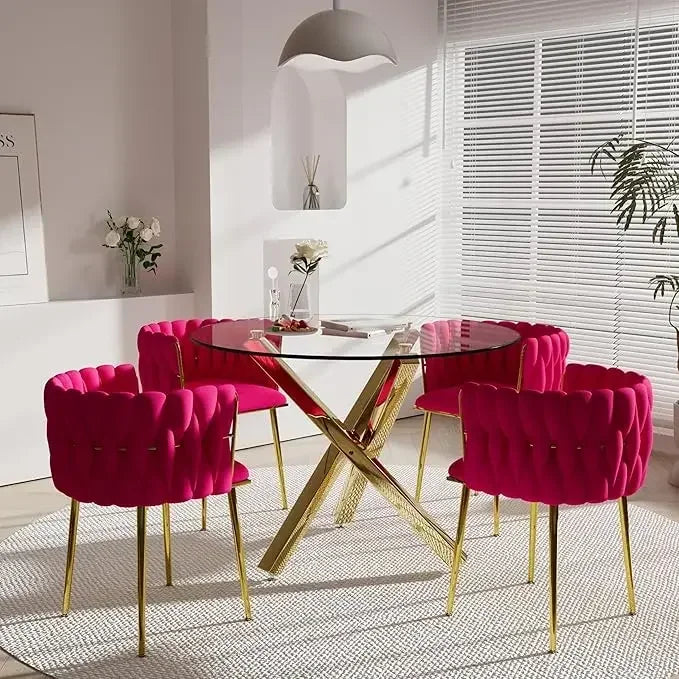 Dining Table Set for 4 with Grey Woven Dining Chair, 5 Pieces Minimalist Modern Round Glass Dinner Room Table Set