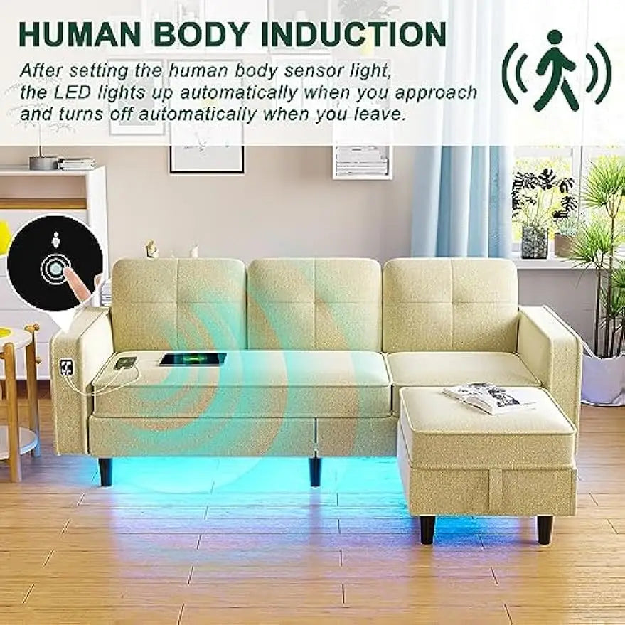 Sectional Sofa Couch with LED Lights/USB/Type C Port, Modern L Shaped Couch with Auto Sensor Light, Reversible