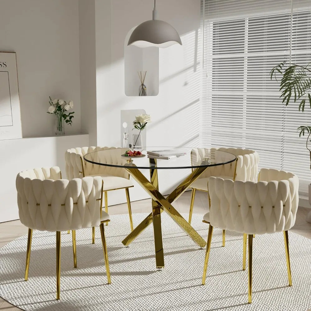 Dining Table Set for 4 with Grey Woven Dining Chair, 5 Pieces Minimalist Modern Round Glass Dinner Room Table Set