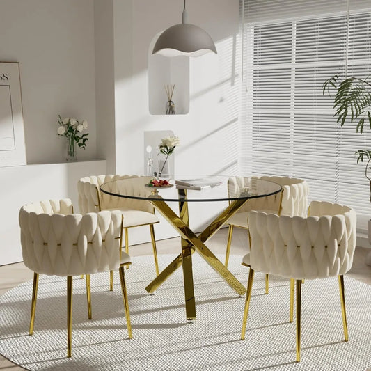 Dining Table Set for 4 with Grey Woven Dining Chair, 5 Pieces Minimalist Modern Round Glass Dinner Room Table Set