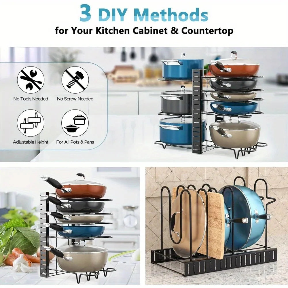 Adjustable Kitchen Pot Rack Organizer Heavy Duty Pan and Pot Holder, Space-Saving Metal Shelf for Cabinet and Countertop Storage