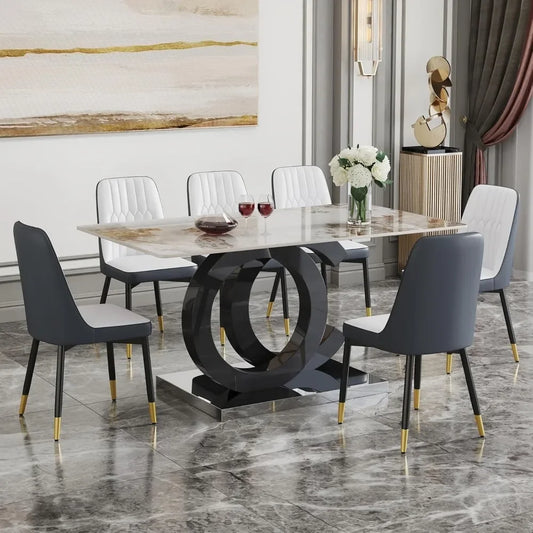 Dining Table Set for 6, PDLB Marble Tabletop & MDF Base, Glass Tables with 6 PU Leather Upholstered Chairs, Dining Room Set