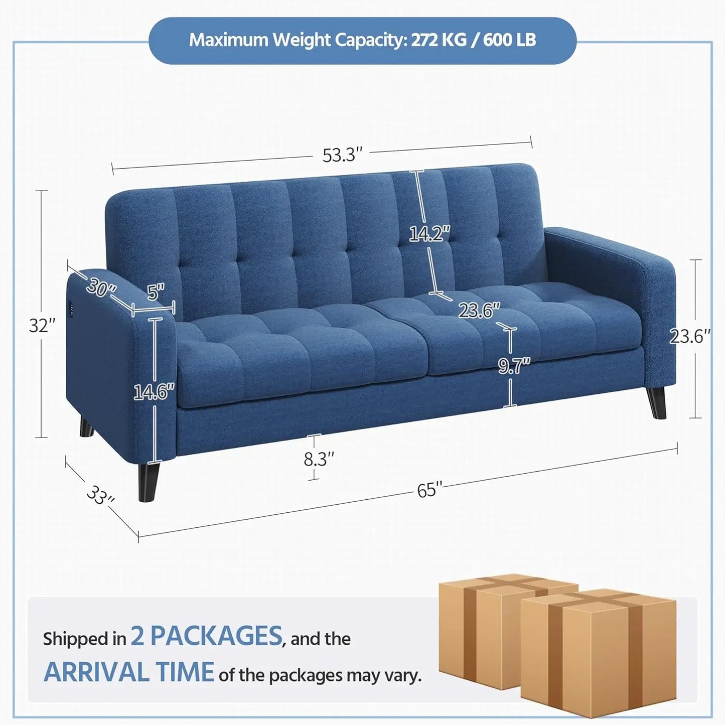 Sofas with USB Ports Modern 65″  Small Couch with Solid Wood Legs for Living Room