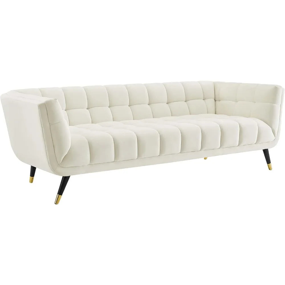 Adept Contemporary Mid-Century Modern Performance Velvet Upholstered Tufted Sofa in Ivory
