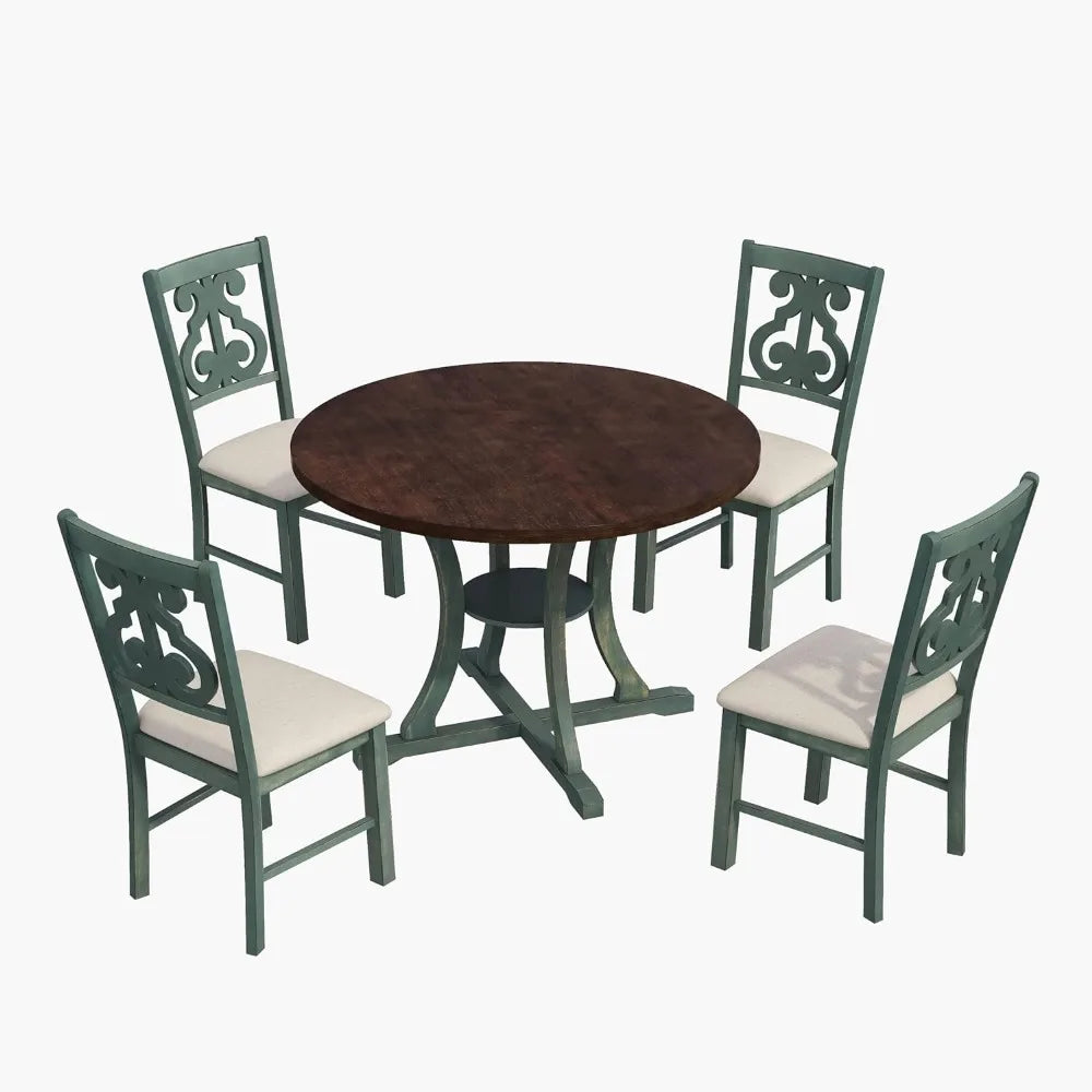 Round Dining Table and Chair Set, Round Table with Shelf