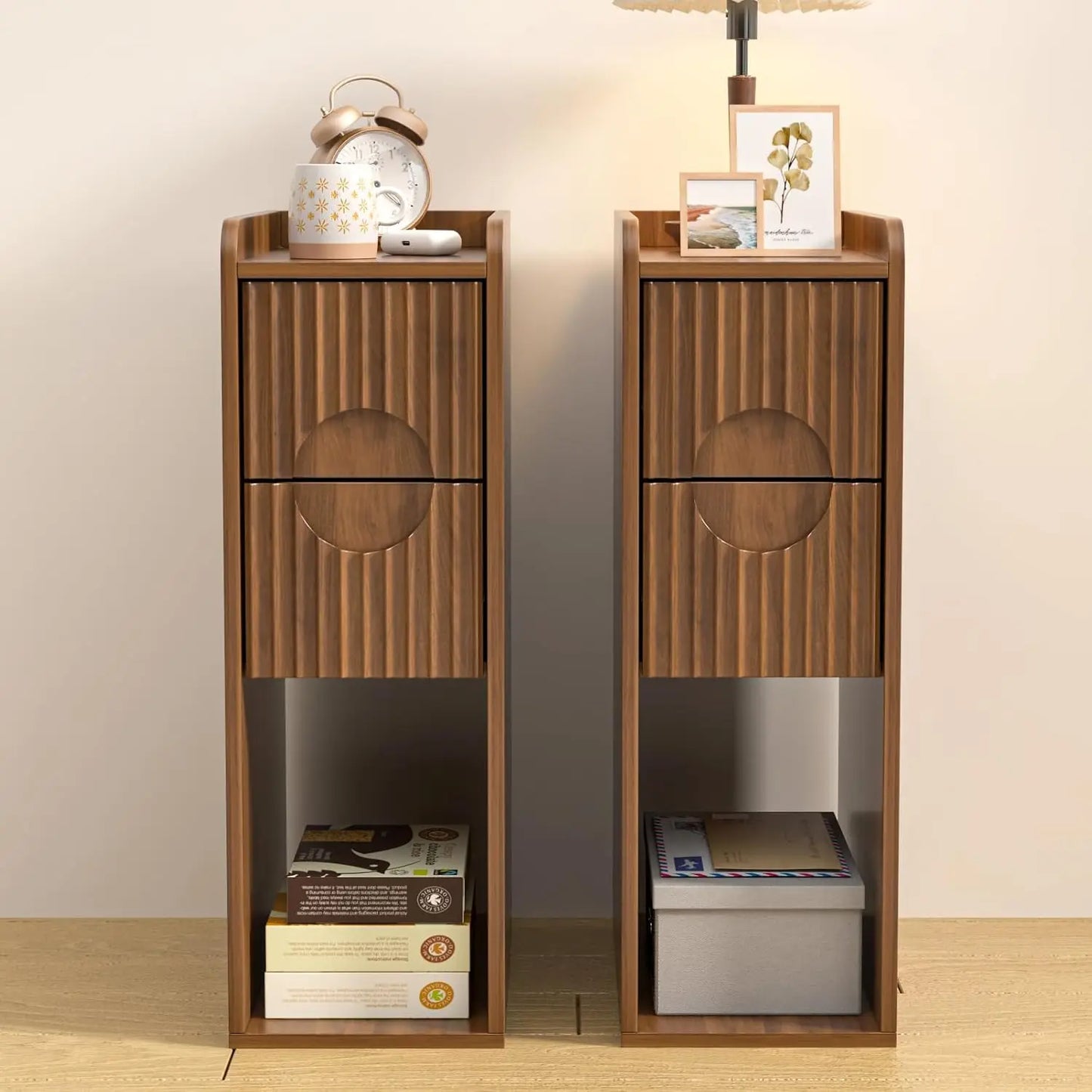 Small Fluted Nightstand Set of 2, Wood 2 Drawer , Slim Side Table, Natural Wood Night Stand with