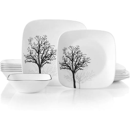 Dinnerware Set, Triple Layer Glass and Chip Resistant, Lightweight Square Plates and Bowls Set,
