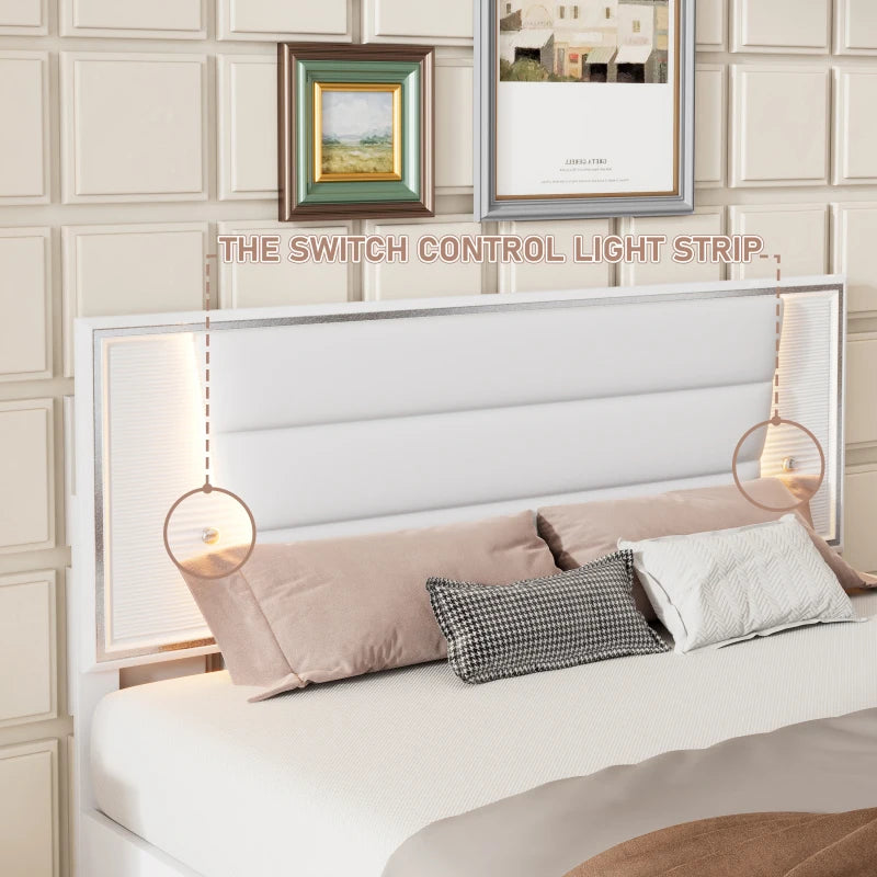 Bedroom Sets Queen Size Upholstered Bed with LED Lights, Nightstands and Dresser with Metal Handles White /black