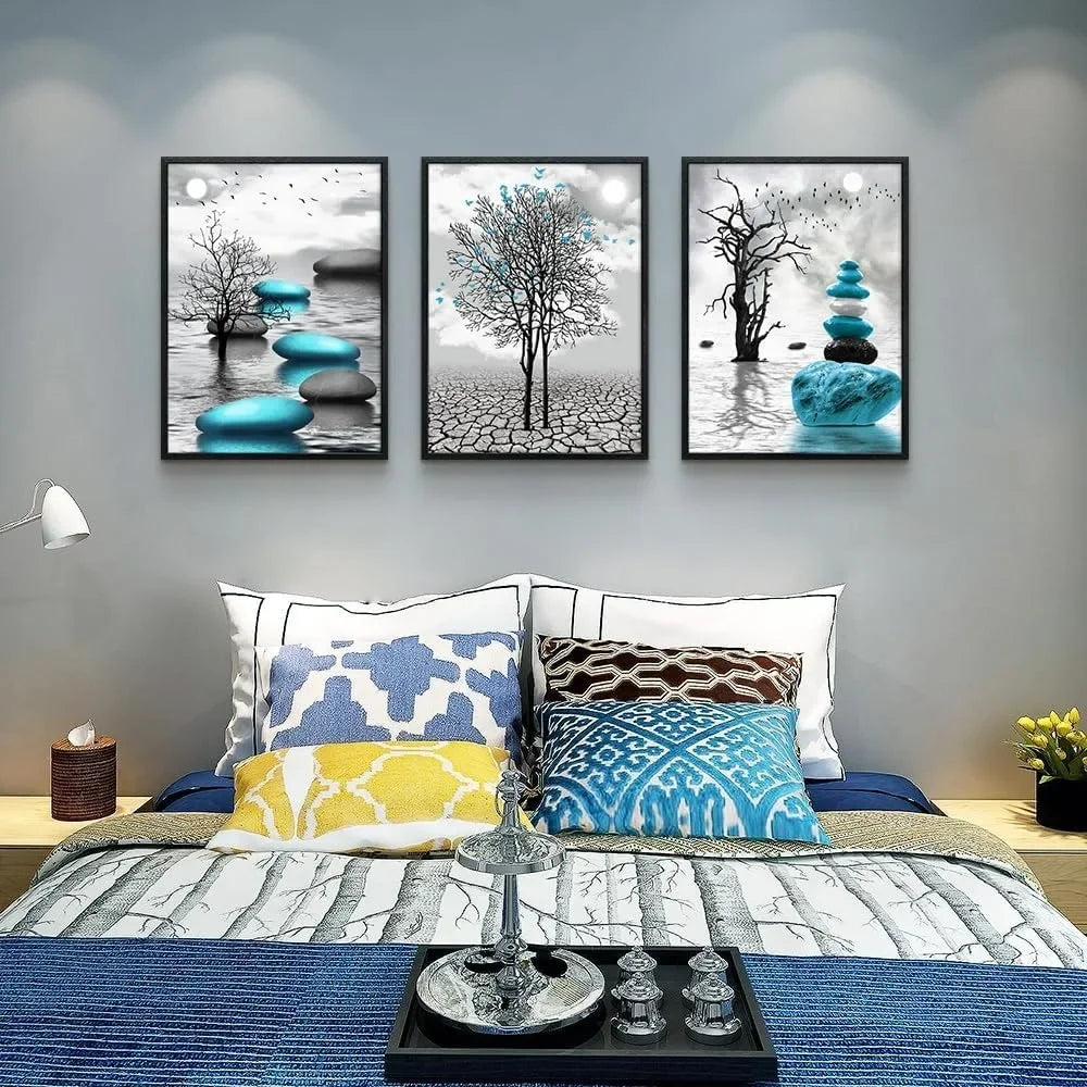 Large Black Framed  Art for Living Room Wall Decor for Office Bedroom Wall Decoration Blue Abstract Wall Pictures Metal Home