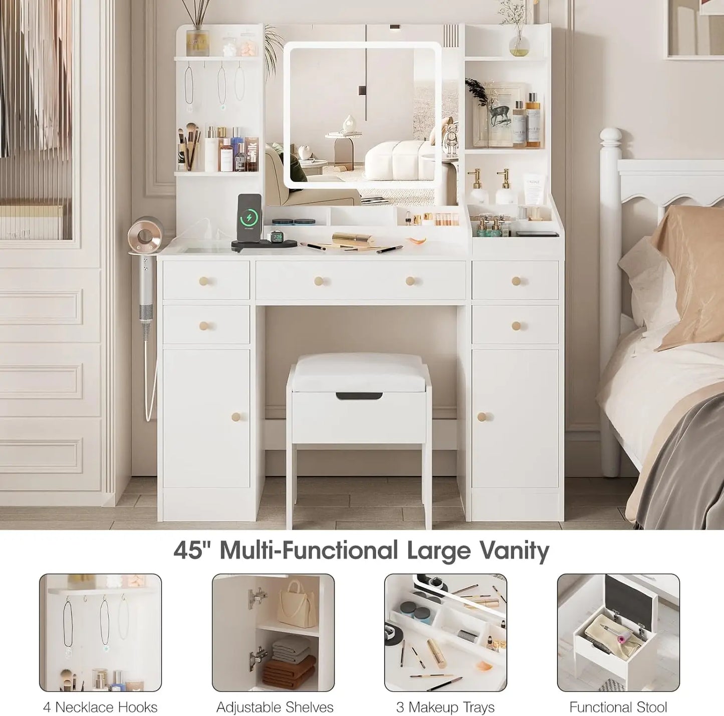 Desk with Mirror and Lights, Makeup Vanity Table with Charging Station,