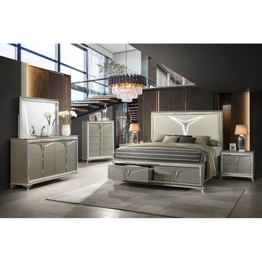 Modern Style Queen 5PC Bedroom Set Made with Wood & LED Headboard ，For bedroom,Main Color: Silver