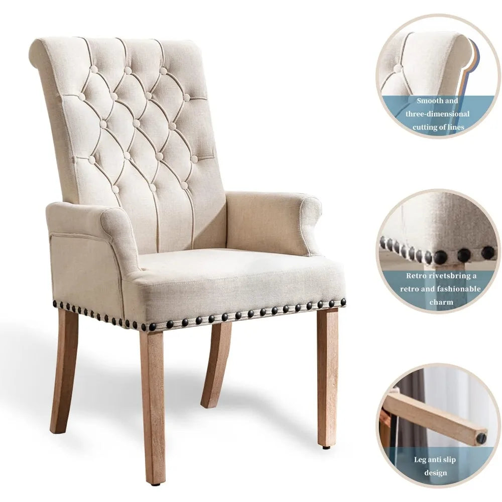 Dining Room Chairs with Arms, Tufted Upholstered High Back Nailed