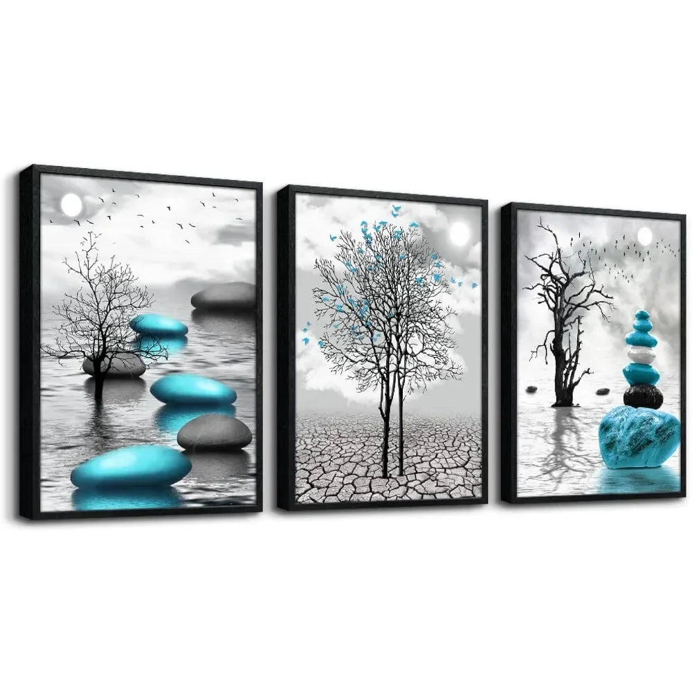 Large Black Framed  Art for Living Room Wall Decor for Office Bedroom Wall Decoration Blue Abstract Wall Pictures Metal Home