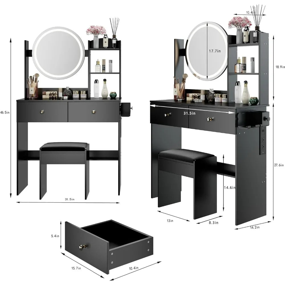 Table and Soft Cushion Stool Set,  Adjustable Brightness, Desktop, Multi-layer High Capacity Storage