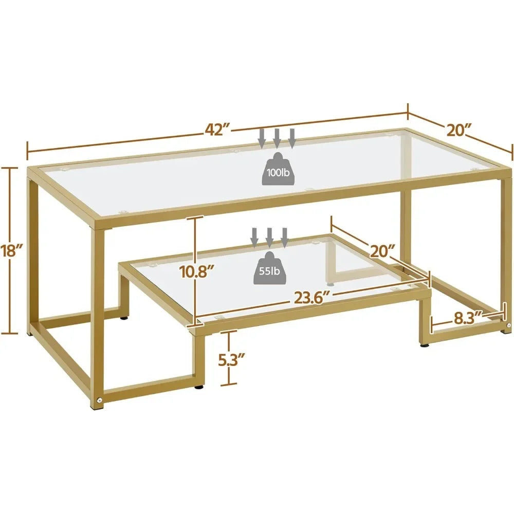 Coffee Table,42" Rectangular Glass Coffee Table for Living Room,2-Tier Center Tea Table W Metal Frame for Small Space, Apartment