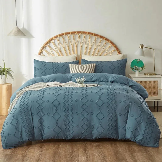 Duvet Cover King Size, Blue Tufted Duvet Cover with Jacquard Rhombus Geometric