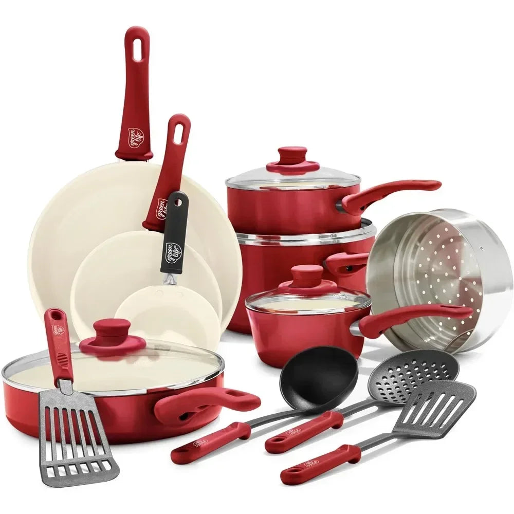 Healthy Ceramic Nonstick 16 Piece Kitchen Cookware Set Pots and Frying Sauce Saute Pans Set, PFAS-Free , Red