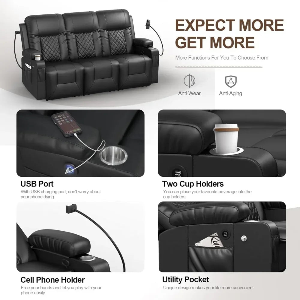 Recliner Sofa, Reclining Sofa 3 Seats Dual Recliner, PU Leather Recliner Couch, Modern Recliner Chair for Living Room