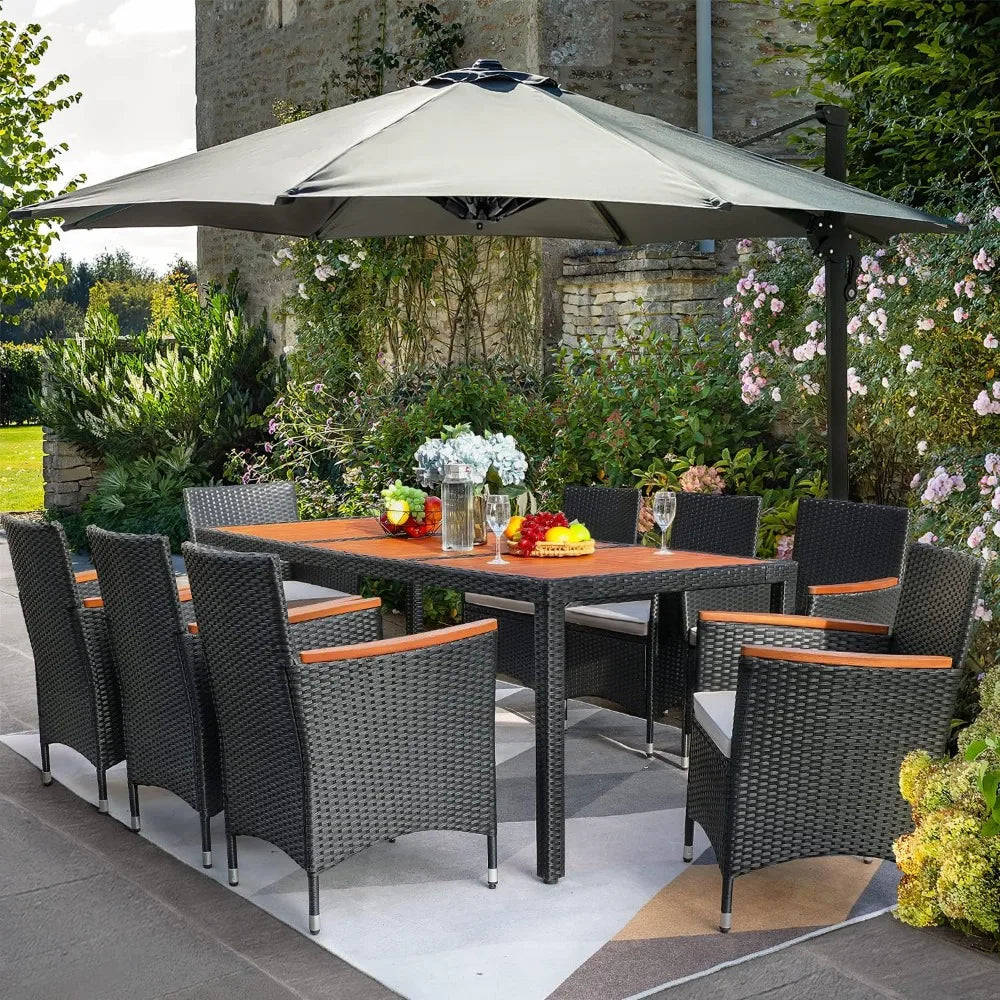 Dining Set Outdoor Acacia Wood Table and Chairs with Soft Cushions Wicker Patio Furniture for Deck Backyard Garden