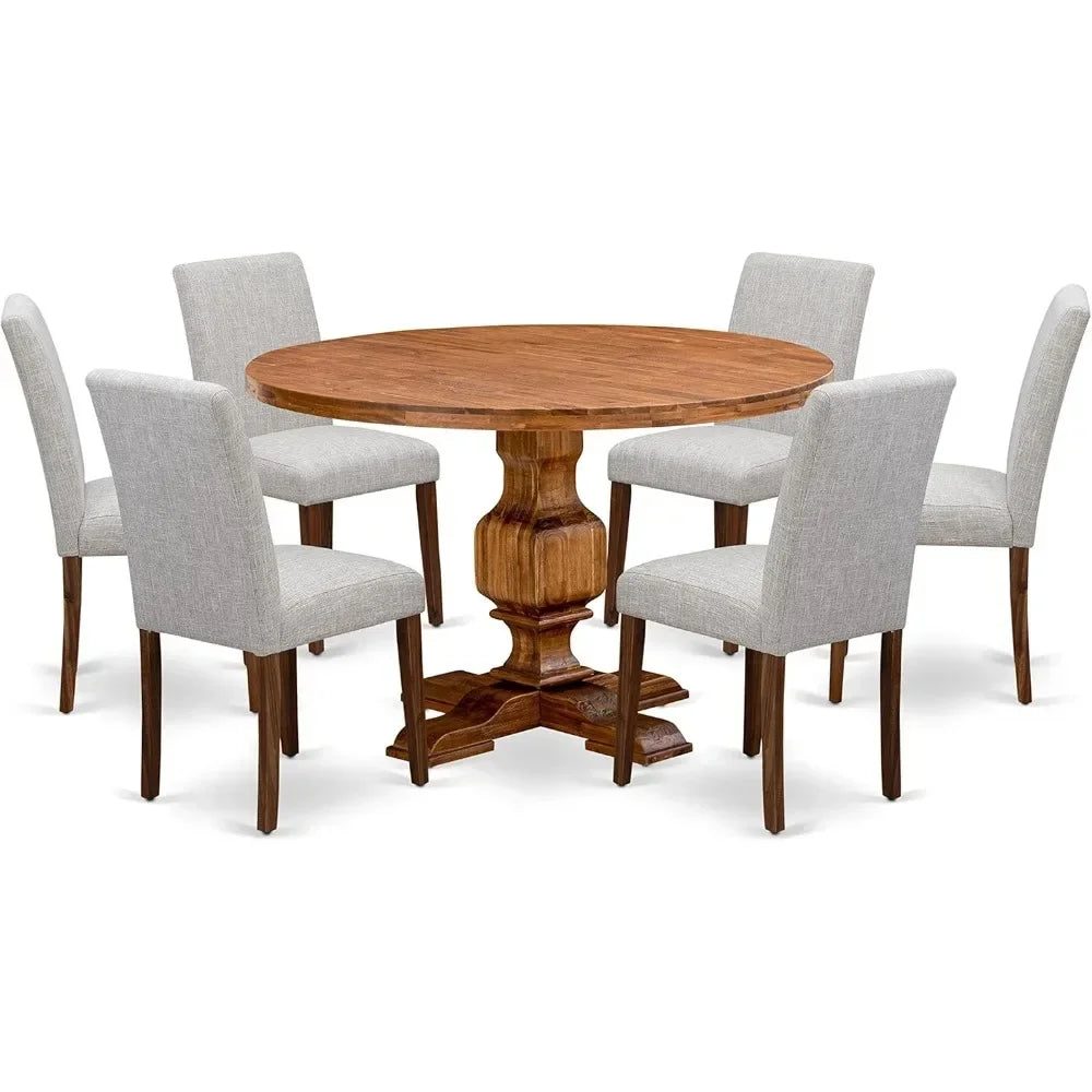 Dining Room 7 Piece Set Consist of A Round Dining Room Table with Pedestal and 6 Doeskin Linen Fabric Upholstered Parson Chairs