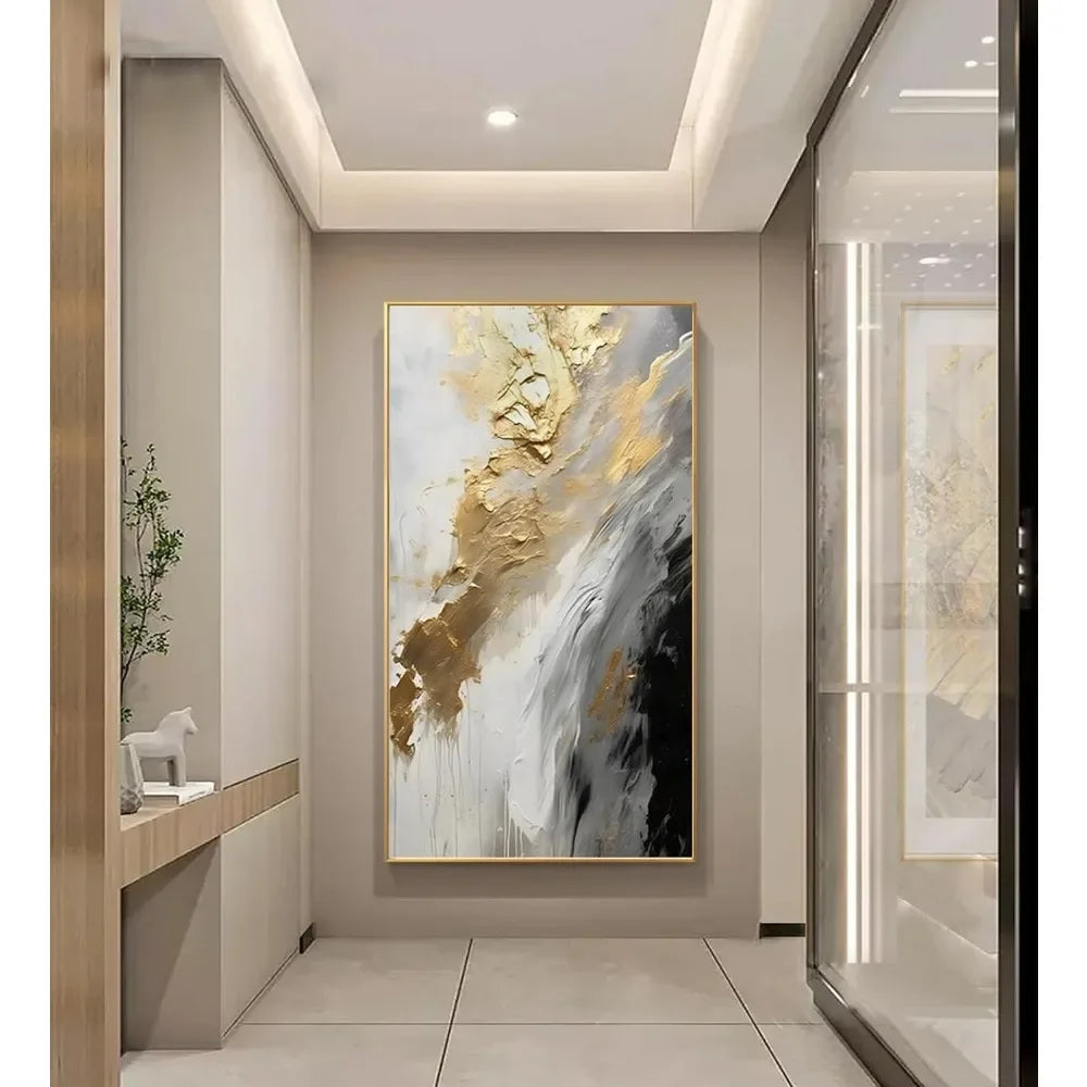 Gold Abstract Oil Painting on Canvas for Entrance-Hall Metal Wall Art Decor Framed White and Black Wall Art for Living Room Home