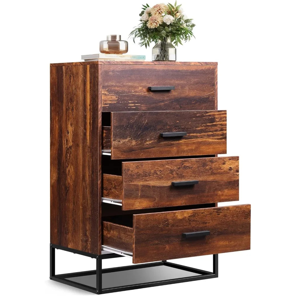 Wood Dresser for Bedroom with 4 Drawers, Chest of Drawers, Tall Dresser Drawers with Sturdy Metal Frame for Hallway