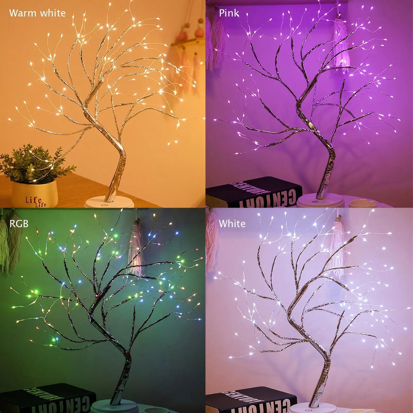LED Night Light Tabletop Bonsai Tree Light Lamp USB or Touch Switch Copper Wire Bedside Light for Bedroom Children Home Decor