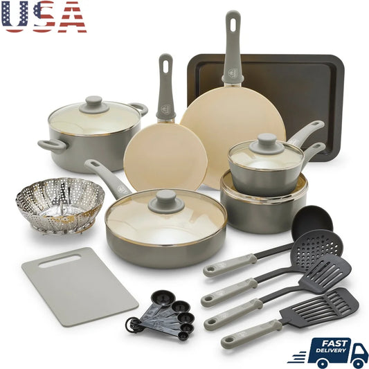 Non-Stick Ceramic Cookware Set Dishwasher Safe Healthy Cooking Pots Pans Utensils with Glass Lids
