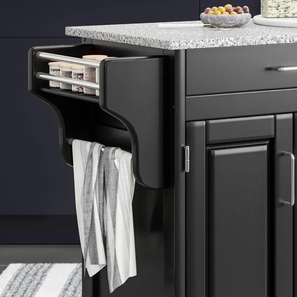 Mobile Create-a-Cart Black Finish Four Door Cabinet Kitchen Cart with Gray Granite Top,