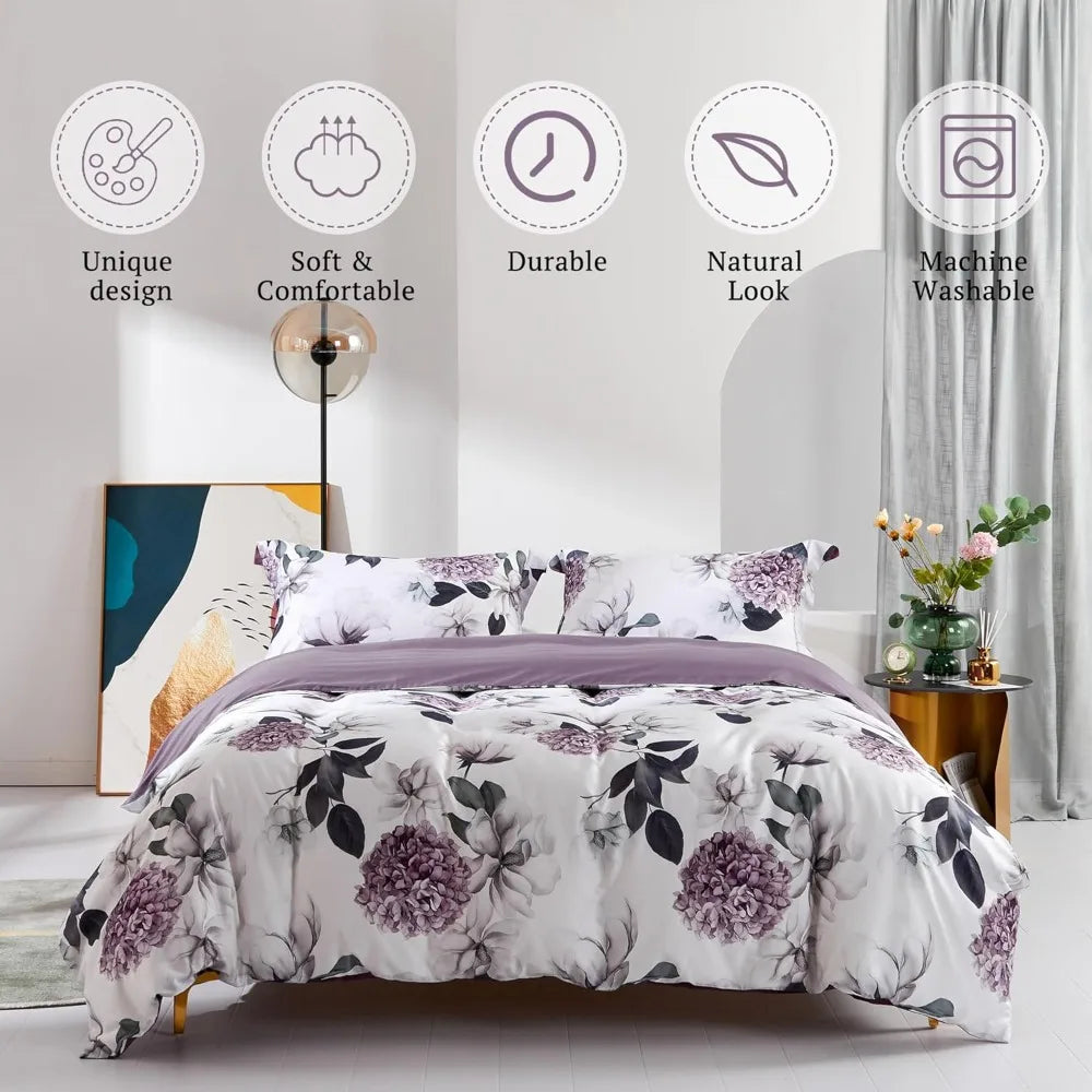 Long-Staple Cotton Duvet Cover Set Purple Hydrangea Lotus Flower Pattern Printed Comforter Cover 3pcs, Ultra Soft