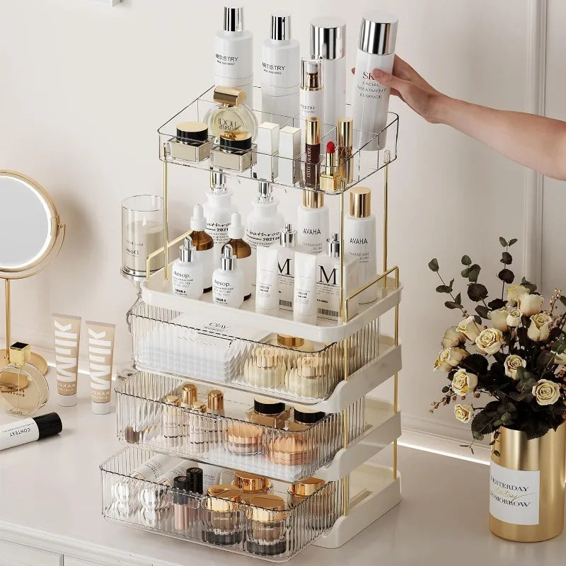 Makeup Organizer with 3 Drawers and Removable of Top Lipstick Holders, Bathroom Organizer