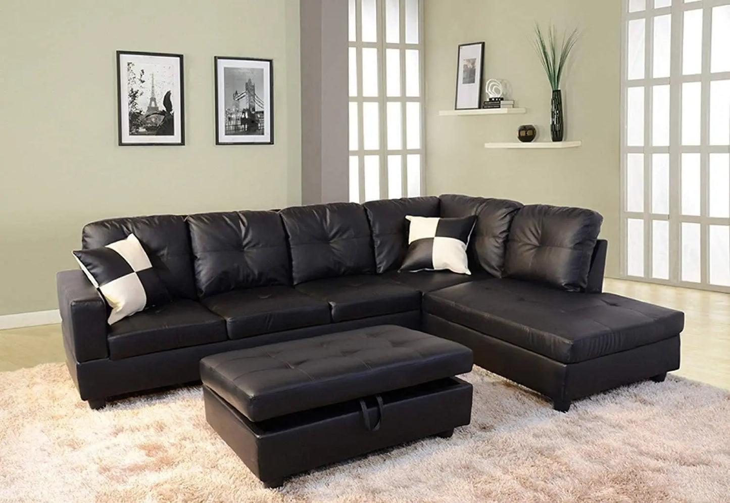 Sofa Sectional Sofa, L-Shape Faux Leather Sectional Sofa Couch Set with Chaise, Ottoman, 2 Toss Pillow Using