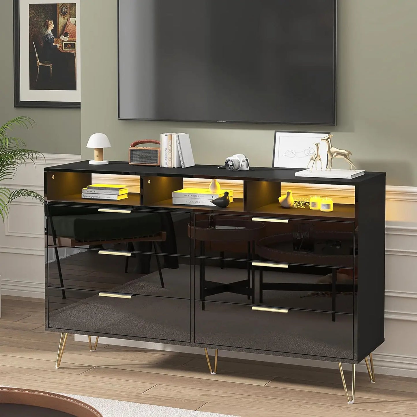 Black Dresser for Bedroom with LED Lights, 6 Drawer with Gold Legs, High Gloss Modern Wood