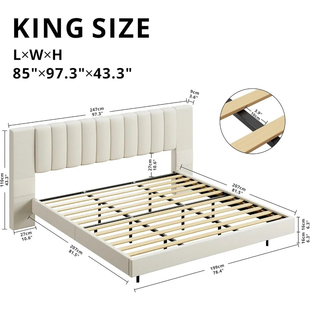 Floating Bed Frame King Size with Wide Padded Headboard & LED Lights & Charging Station, Modern