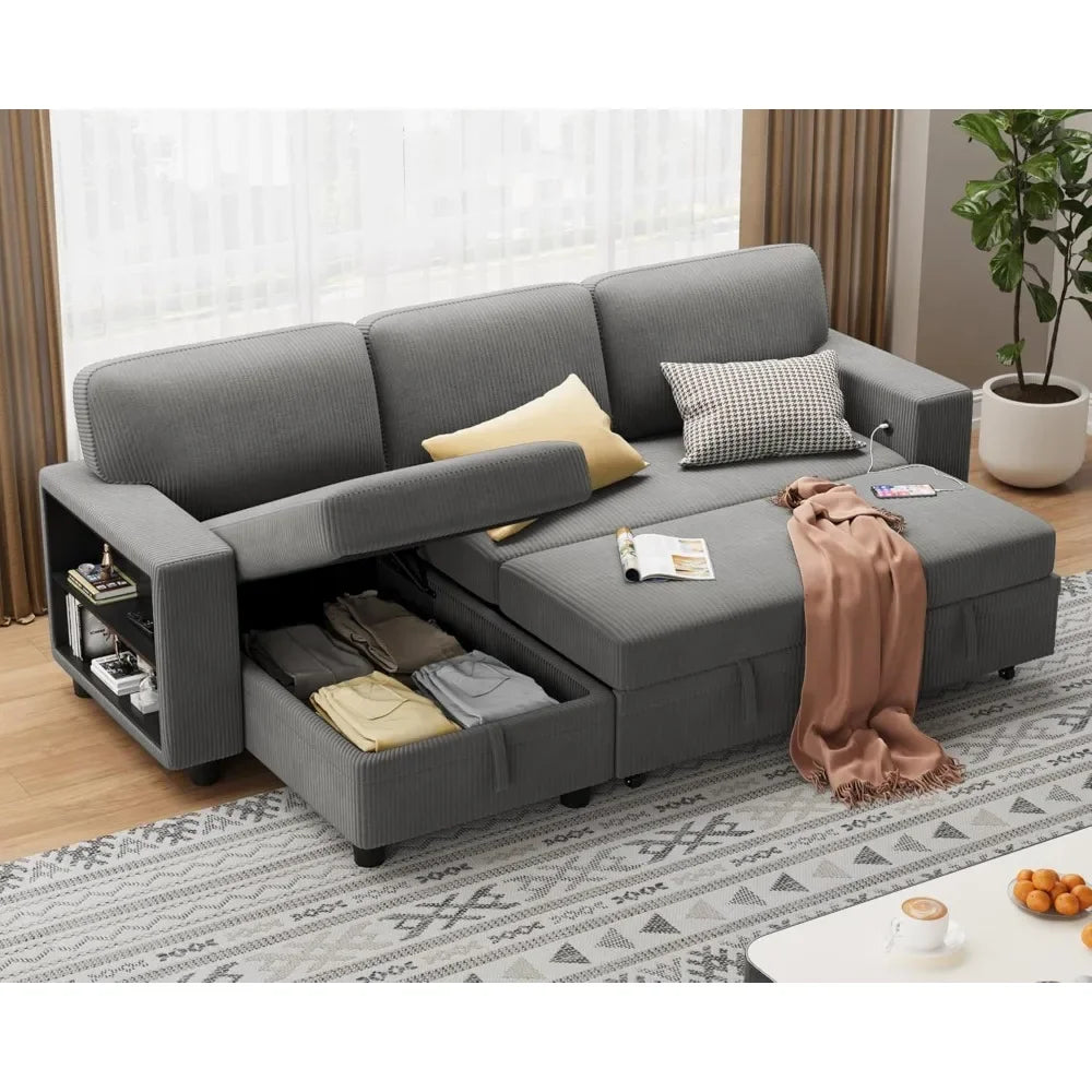 Sleeper Sofa, Sofa Bed with Built-in Large Storage and 2 Bookshelves, Convertible Sectional Sofa Couch