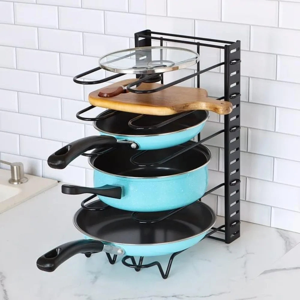 Adjustable Kitchen Pot Rack Organizer Heavy Duty Pan and Pot Holder, Space-Saving Metal Shelf for Cabinet and Countertop Storage