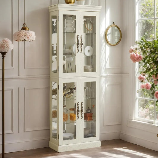 Lighted Glass Display Case, Wooden Wine Bar Cabinet with 6 Adjustable Shelves, Tempered Glass Doors,