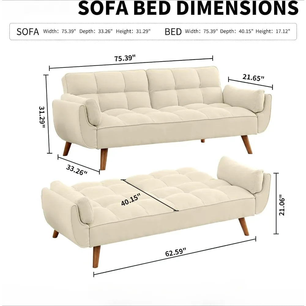 Tufted Sofa Convertible Futon Sofa Bed with Adjustable Backrests and Solid Wood Legs for Living Room, Bedroom