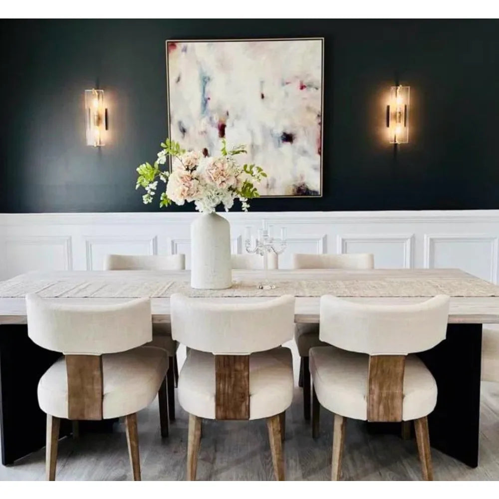 Dining Chairs Set of 6, Farmhouse Linen Fabric Upholstered Accent Chairs Curved Backrest Kitchen Chair