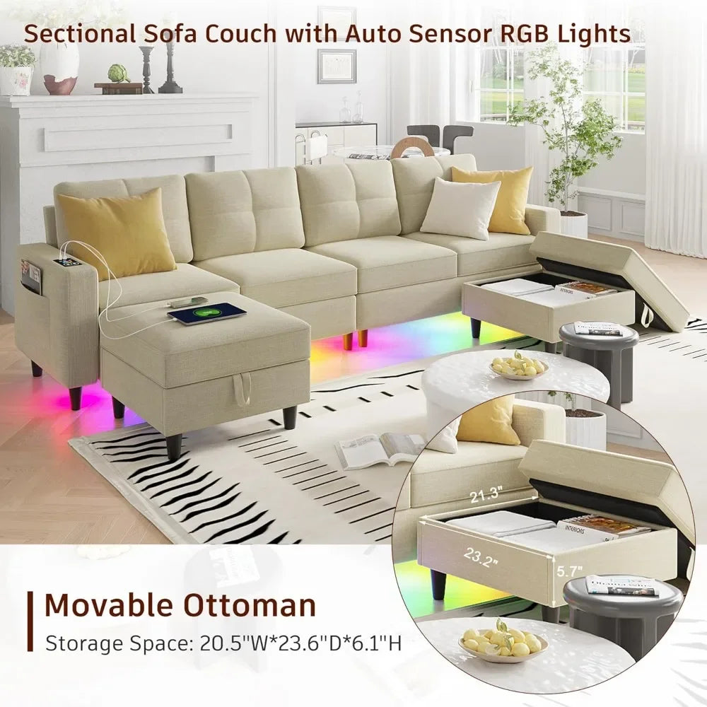 LED Sectional Couches for Living Room, Modular Sectional Sofa Set with Storage
