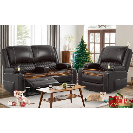 Living Room, 2 Seater Reclining Loveseat Leather with Removable Console