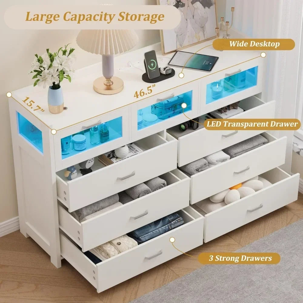 Dresser, LED Light with Charging Station, Storage Cabinet, 9 Drawer