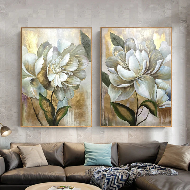 Abstract White Golden Flower Oil Canvas Painting Nordic Posters and Prints Wall Art Pictures for Living Room Home Decor No Frame