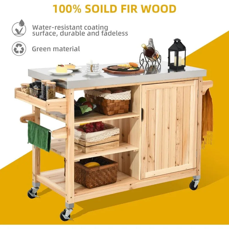 Outdoor Table and Storage Cabinet Solid Wood Movable Grill Table with Stainless Steel Top