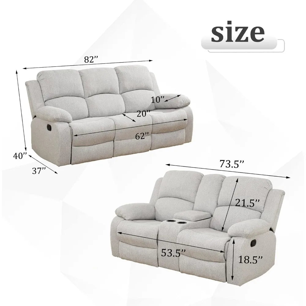 Recliner Sofa Set Living Room Furniture, Microfiber Fabric Reclining Sofa Set, Recliner Couch Set with Cup Holders