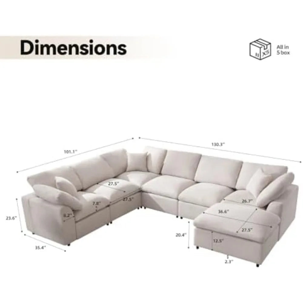 Sofa Modern Oversized Cloud Couch with Movable Ottoman 7 Seater L-Shaped Sofas Comfy Couches for Living Room