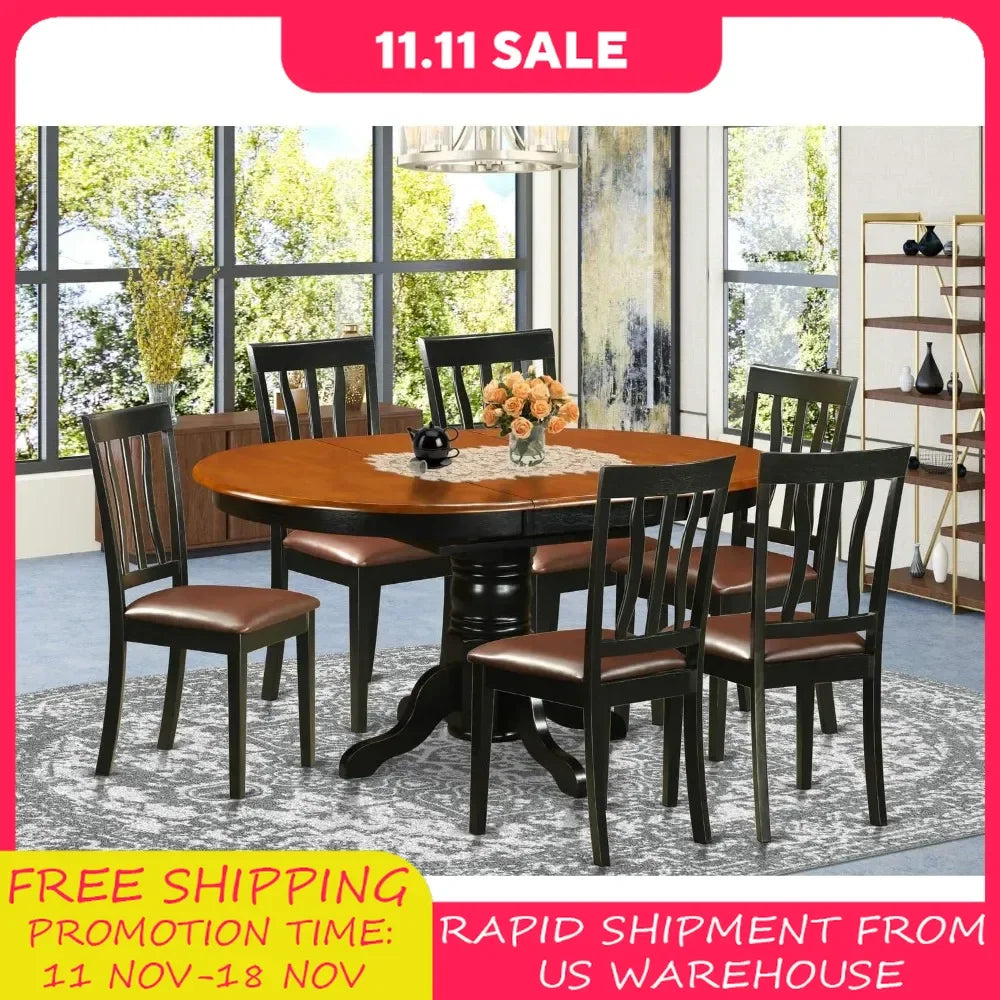 Table Set Consist of an Oval Kitchen Table with Butterfly Leaf and 6 Faux Leather Upholstered Dining Chairs